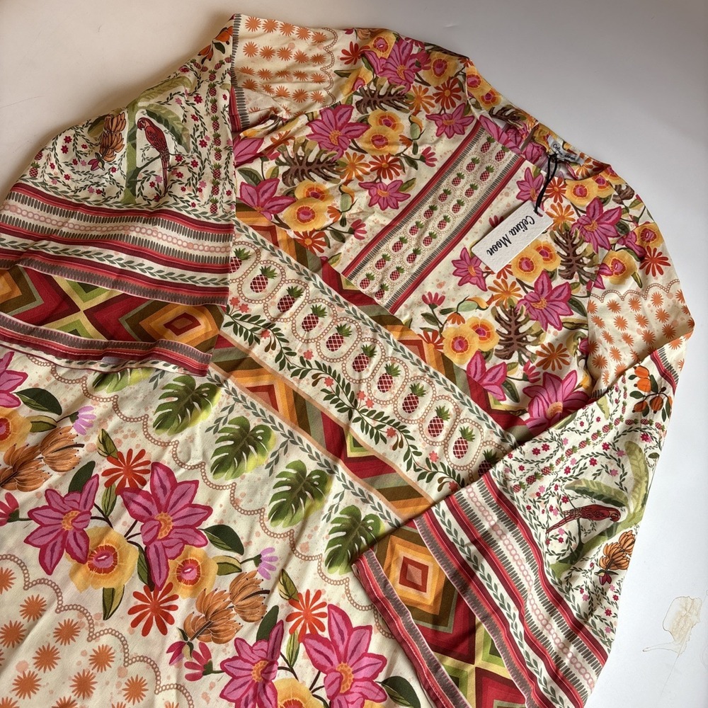 Celina Moon Pineapple Parrot Bell Sleeve Boho Tunic Mini Dress Pockets MEDIUM
